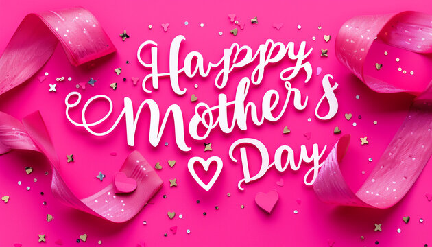 The image is a vibrant banner with the text "Happy Mother's Day" in elegant white cursive lettering on a pink background, with a small heart design below the text
