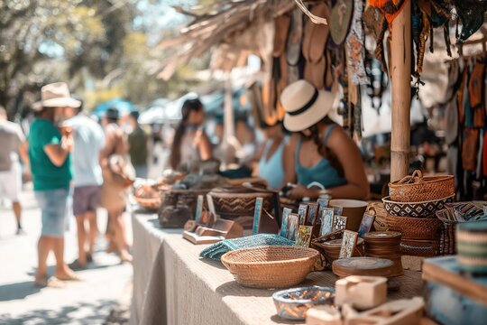 Shoppers browse through handmade crafts at a sunny artisan market