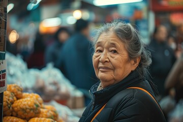 Warm Smiling Elderly Woman at Outdoor Market - obrazy, fototapety, plakaty