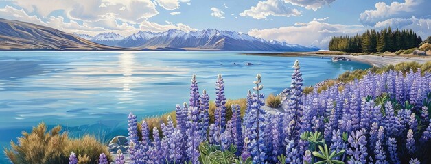 Lupins adorning the shores of Lake Tekapo in New Zealand, their vibrant colors contrasting against the serene blue waters. - obrazy, fototapety, plakaty