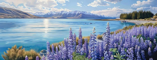 Fotobehang Lupins adorning the shores of Lake Tekapo in New Zealand, their vibrant colors contrasting against the serene blue waters. © lililia