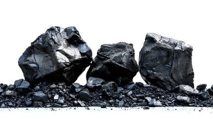 Pile of coal isolated on white background copy spa Several pieces of coal on a white surface. Navajoite mineral sample in rotation with white background, Generative Ai