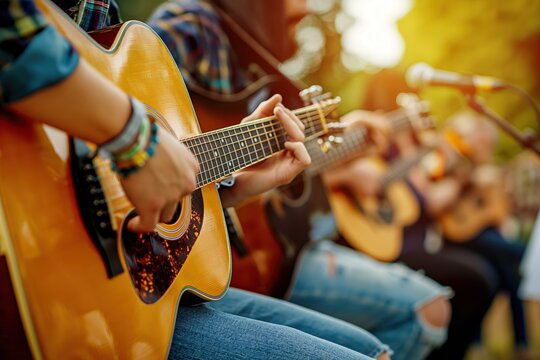 Musicians play guitars during a live performance at a cozy outdoor festival