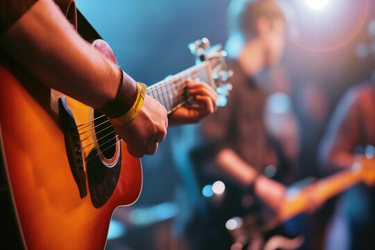 Guitarist strumming an acoustic guitar on a lit stage, in a musical performance