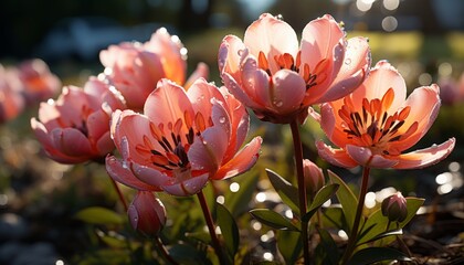 Fototapeta premium Pink Flowers Covered in Water Droplets