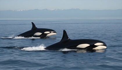 A Pod Of Killer Whales Hunting Together In The Ope Upscaled 3