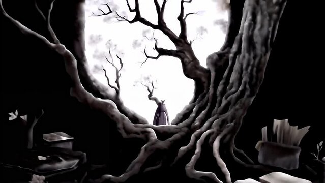 In a shadowy grove, gnarled trees frame a silhouetted figure, creating an ominous atmosphere, ripe for a horror or mystery theme, foreboding in any narrative or project seeking a dark, haunting vibe