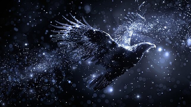 A majestic eagle soars through a cosmic sky, its form seamlessly blending with a starry nebula and scattered stardust.