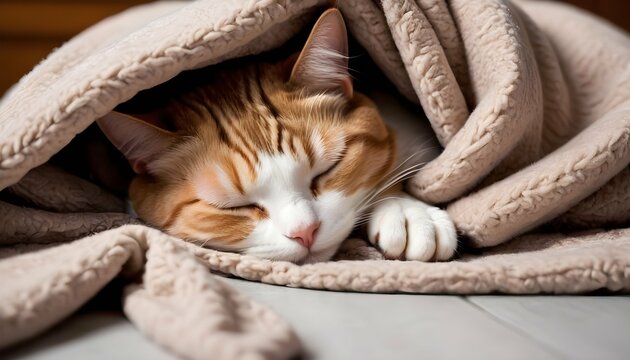 A Sleepy Cat Curled Up In A Warm Blanket Upscaled 3