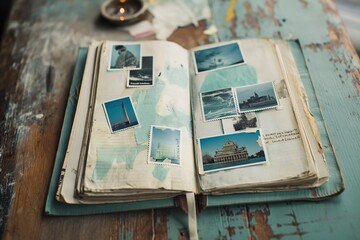Open photo album with vintage travel pictures on a rustic wooden table showing wear