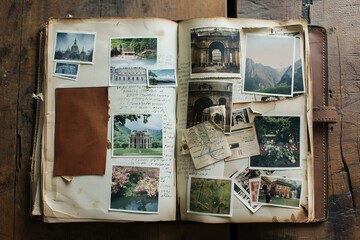 A travel journal filled with instant photos and personal handwritten stories of adventures