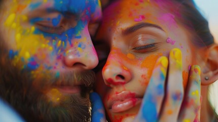Both putting colour on a face during holi celebration