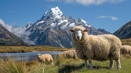 sheep grazing peacefully on lush green grass amidst the majestic mountains of New Zealand's North Island. - obrazy, fototapety, plakaty