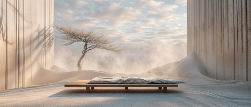 A bed is placed in a room without roof or windows and a tree outside. Concept of living in harmony with nature