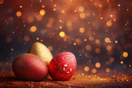 Easter painted red and golden glittering eggs on abstract bokeh background.