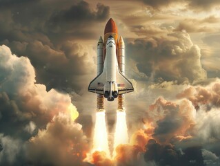 A dramatic representation of a space shuttle during takeoff with a blaze of fiery rockets propelling it into a cloudy sky. The image conveys power, exploration, and the pioneering spirit of space