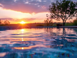 Fototapeta na wymiar A tranquil pool scene captured at sunset, with the warm glow of the setting sun reflected on the water and the sky, creating a peaceful and relaxing atmosphere