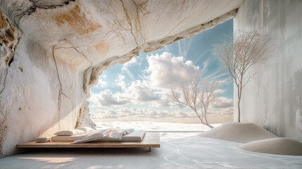 A bedroom in a cave without a window showing a white desert landscape. Concept of living in harmony...