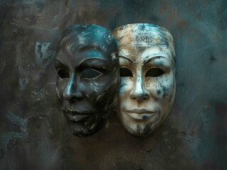 A stylized photo of comedy and tragedy theater masks, glowing as if with an inner light against a dark background. This image evokes the duality of human emotions and the essence of dramatic arts