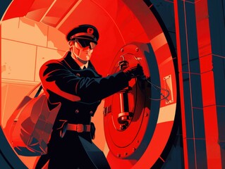 A stylized image of a man dressed as a classic burglar with a mask, holding a bag, presumably filled with loot, standing inside a vault, which could symbolize crime or theft