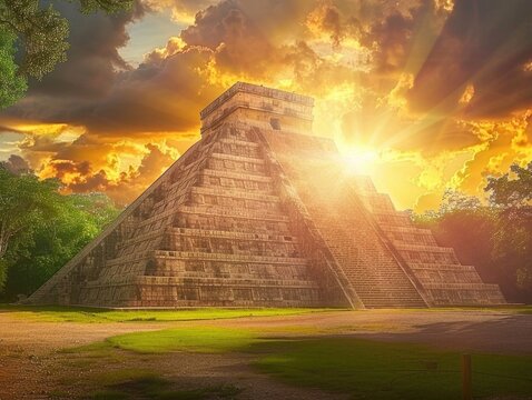 A majestic photo of the Temple of Kukulkan (also known as El Castillo) pyramid in Chichen Itza, Yucatan, Mexico. This historical structure is bathed in the soft light of either sunrise or sunset