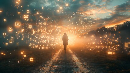 A solitary figure walks on a road towards a sunset, surrounded by glowing, ethereal lights, suggesting a magical or digital realm. - obrazy, fototapety, plakaty