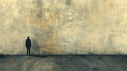 A lone person stands before a textured, expansive wall, evoking a sense of solitude and introspection.
