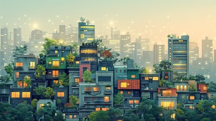 A vibrant illustration of an eco-friendly urban skyline, featuring buildings adorned with lush rooftop gardens under a starry sky.