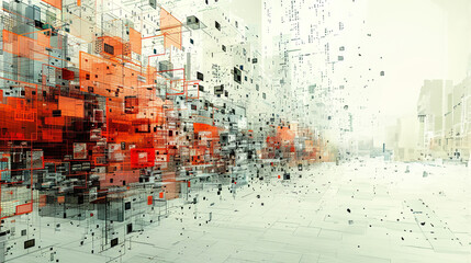 Digital artwork of an abstract urban explosion, with cubic fragments in varying shades of red dissipating into space.