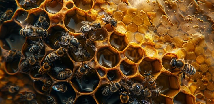 Multiple bees clustered inside a beehive, working together to maintain the hive and produce honey