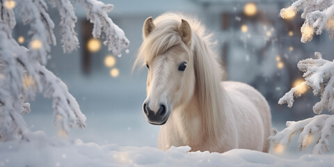 Obraz na płótnie Canvas Christmas horse background. Christmas card template. Happy New year backdrop. Horoscope, calendar.