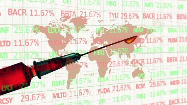 Animation of world map and financial data processing over syringe with needle