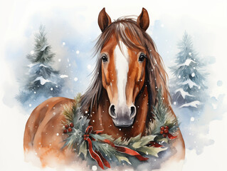 Christmas horse background. Christmas card template. Happy New year backdrop. Horoscope, calendar.