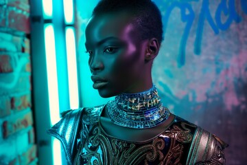 Futuristic African Fashion Model with Blue Neon Lighting, Ideal for Beauty and Fashion Concepts