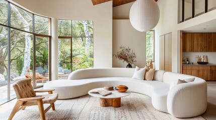 Modern Sanctuary, curved sofa & statement pendant light soften the lines in this minimalist living room.