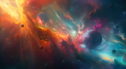 abstract background of colorful nebulae and planets in space