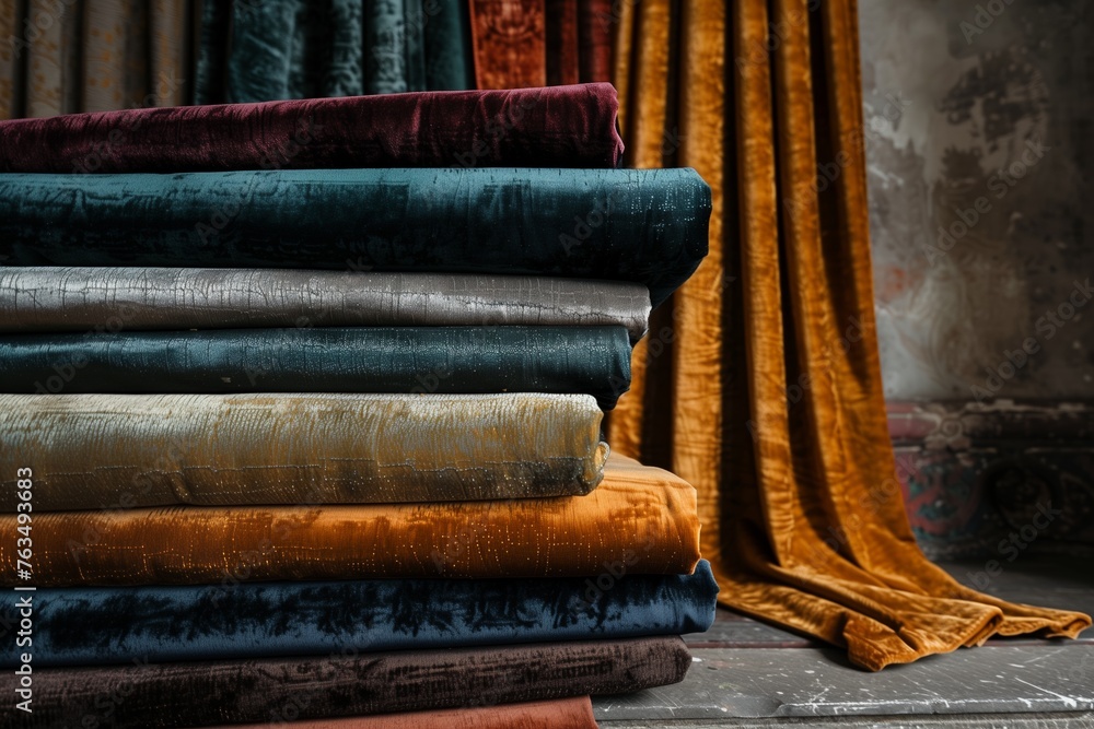 Wall mural Stacked Luxurious Velvet Fabrics in Rich Jewel Tones for Textile and Design Projects