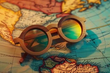 Wanderlust Concept: Wooden Sunglasses on a Map, Inspiring Travel and Global Adventures