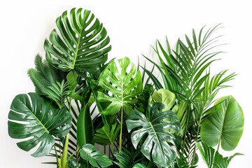 Green leaves of tropical plants bush floral arrangement indoors garden nature backdrop isolated on white background
