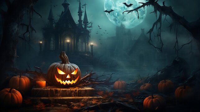 Ghoulish Halloween: Eerie Pumpkin in Dimly Lit Setting