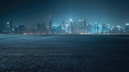 Fototapeta premium an empty platform floor against the backdrop of a dazzling city skyline at night, where urban lights twinkle like stars.