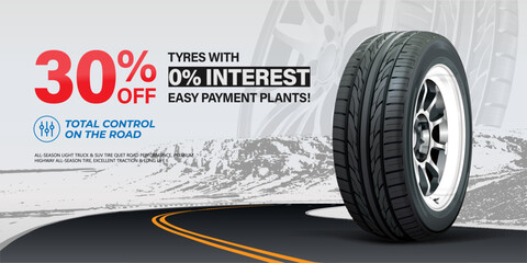 Tires car advertisement poster. Black rubber tyre. Shining disk car wheel tyre. Mountain, road background. Take the road. Store. Landscape banner, digital print, flyer, booklet, brochure web design.