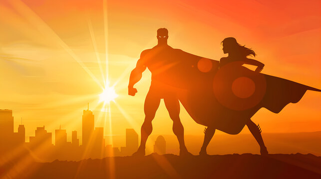 Silhouette man and women superhero with sunlight Businessman as superhero with red cape standing and looking on the top of mountain landscape, Business and success concept, Generative Ai