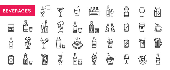 Black outline icons of beverages including water, alcohol, carbonated drinks, juice, milk, and others for use on websites, mobile apps, and promo materials. Vector illustration	 - obrazy, fototapety, plakaty