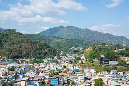 Tachileik in Myanmar aerial  view  from Wat Phra That Doi Wao, Mae Sai, Chiang Rai in Thailand
