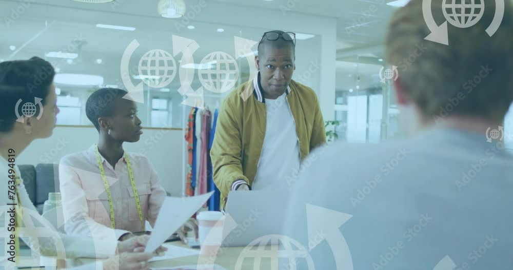 Poster animation of globe icons and data processing over diverse business people in office