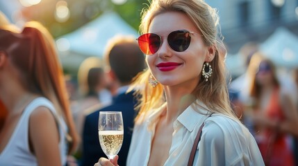 Stunning woman elegantly holds a champagne glass at an outdoor event, radiating grace and sophistication amidst the festivities.