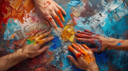 Numerous artists' hands join in a circle, collaboratively blending diverse colors, symbolizing unity, cooperation and creativity in their artistic expression.
