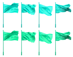 2 Collection set of turquoise blue green, waving flying blank flag flags on pole on transparent background cutout, PNG file. Many different design. Mockup template artwork graphic	
