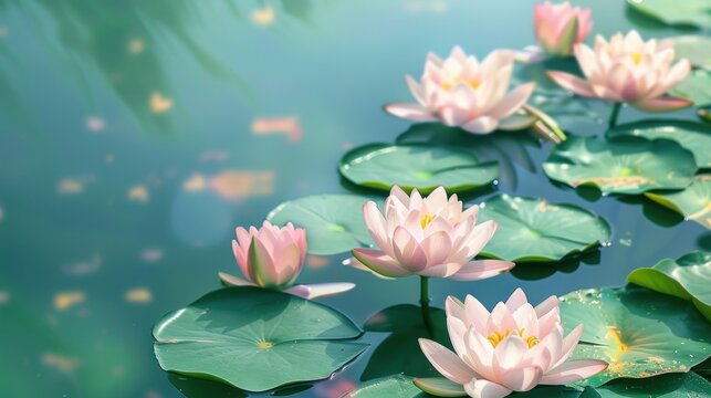 Beautiful lotus or water lily flower floating on water nature background. AI generated image